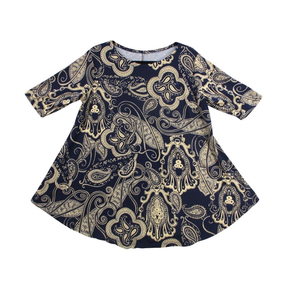 BOHO Tunic Dress‎ By Firty Pink Navy & Beige Paisley Swing Half-Sleeve Size XL